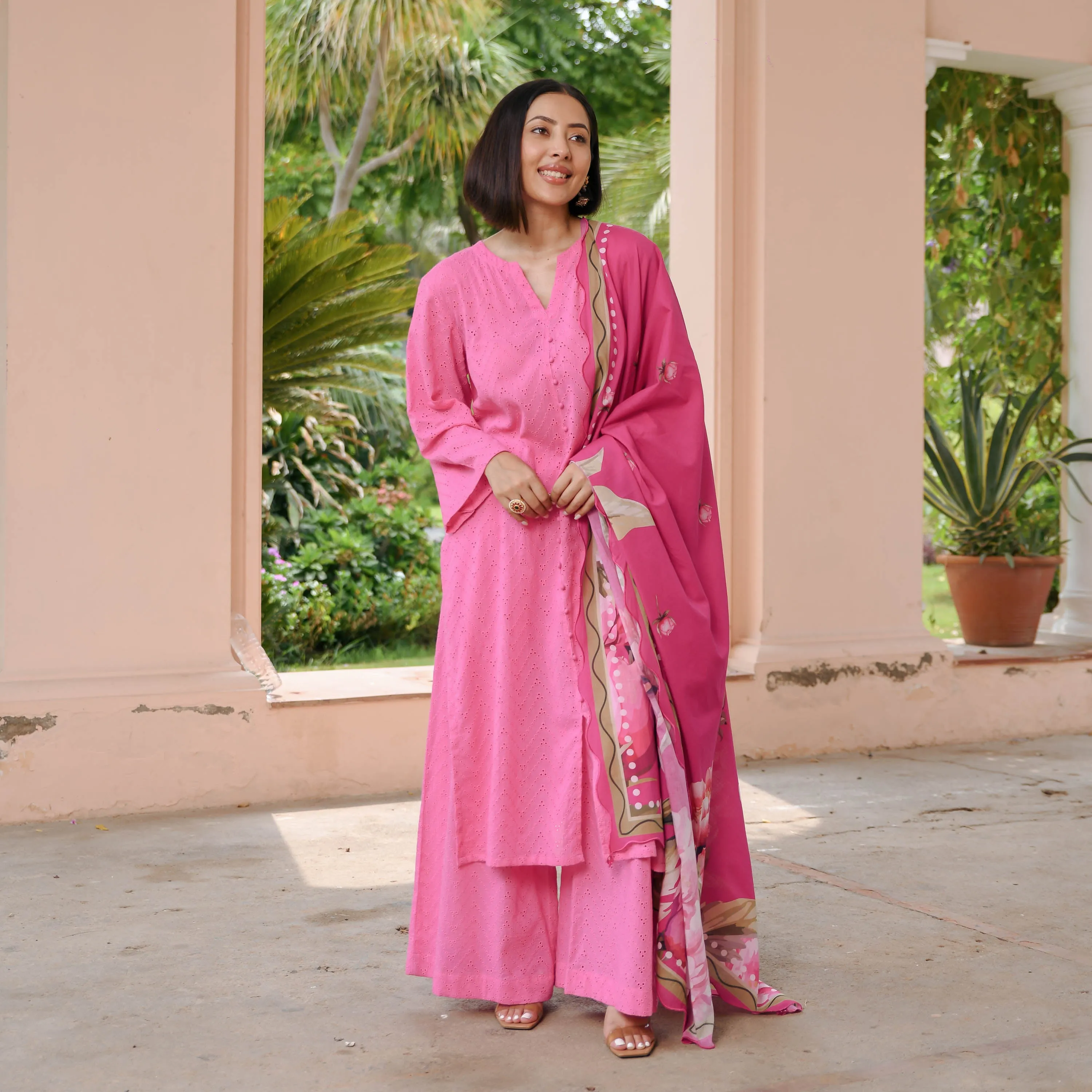 Pink Cotton Schiffli Suit Set