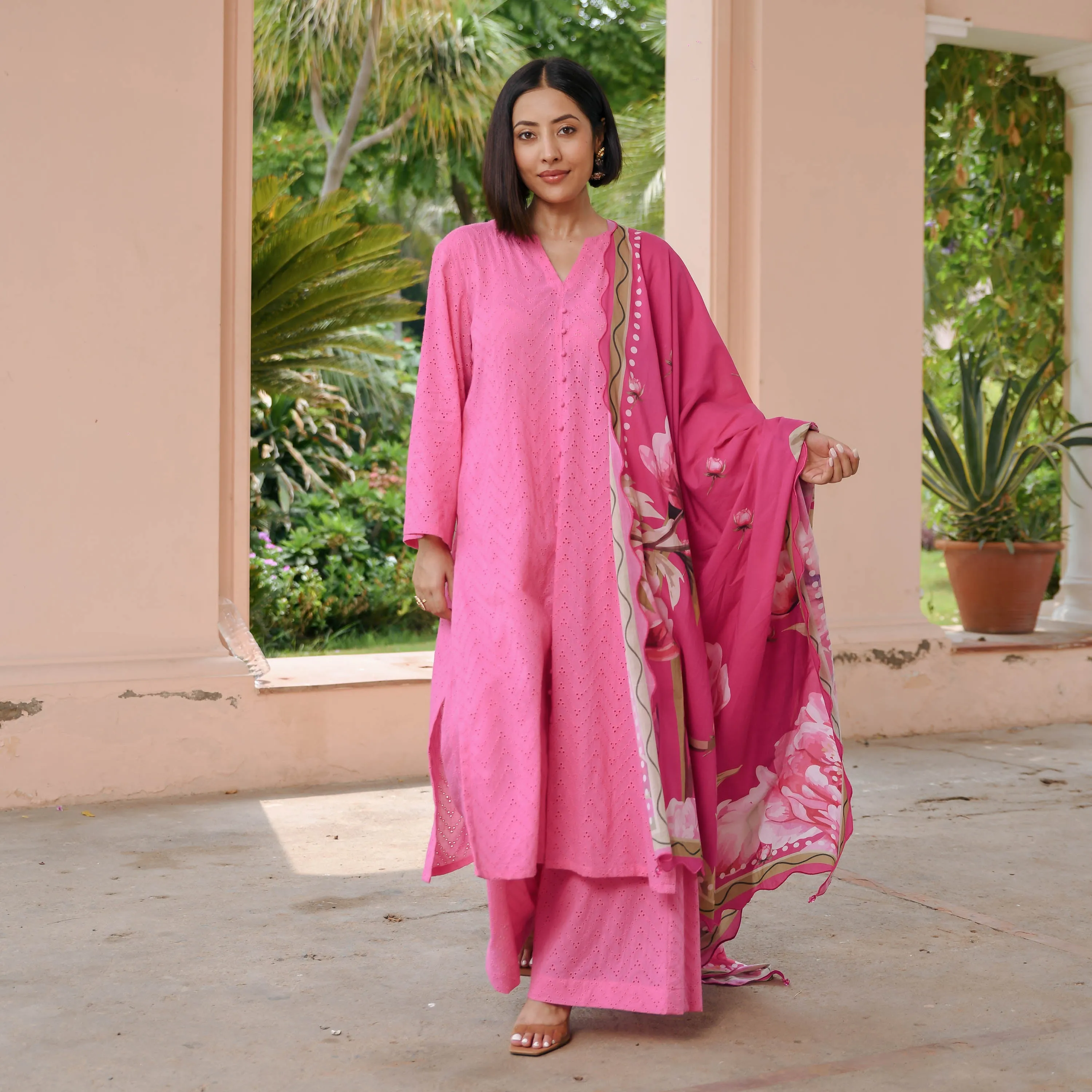 Pink Cotton Schiffli Suit Set