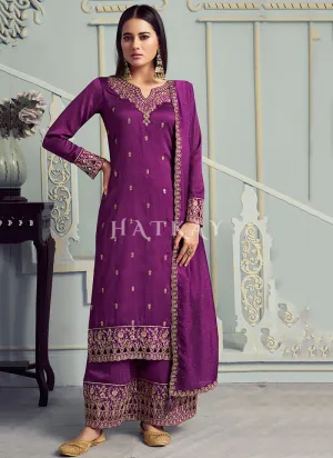 Plum Purple Embroidery Festive Palazzo Suit