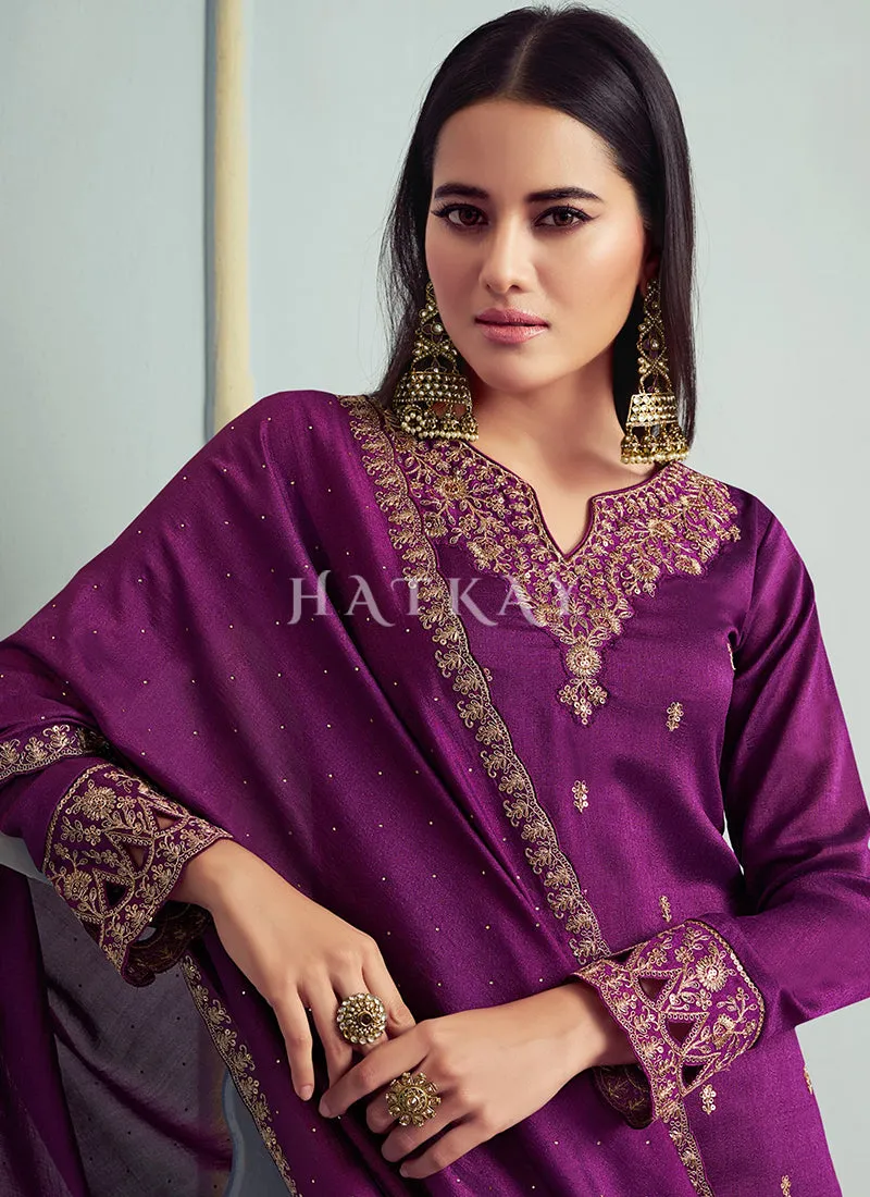 Plum Purple Embroidery Festive Palazzo Suit