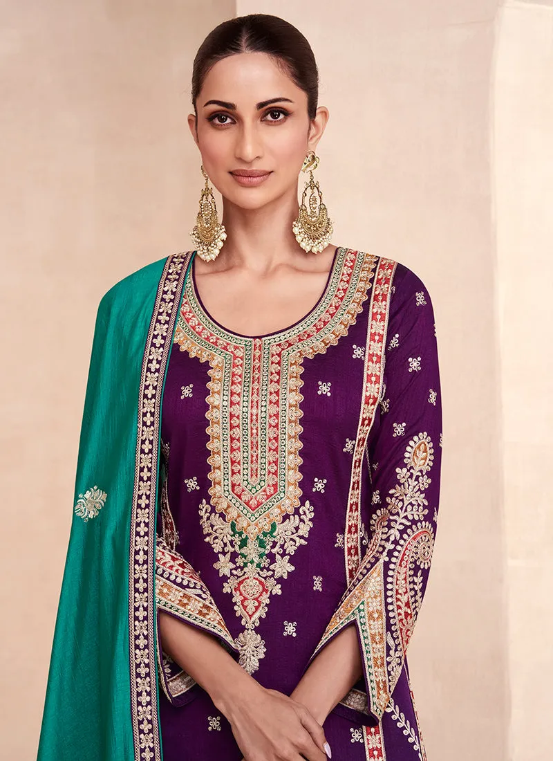 Purple And Turquoise Embroidered Festive Palazzo Suit