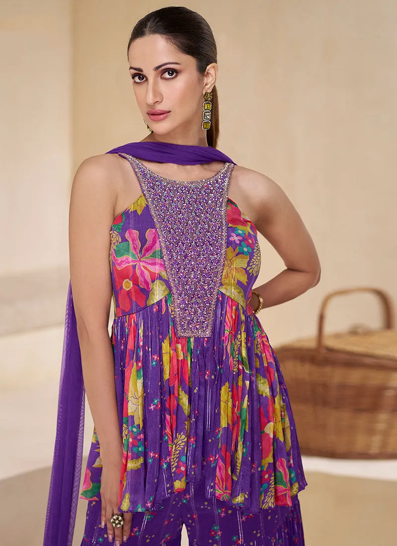 Purple Multi Embroidery Floral Printed Sharara Style Suit