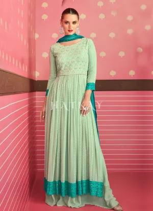 Sea Green Georgette Sequence Embroidered Wedding Palazzo Suit