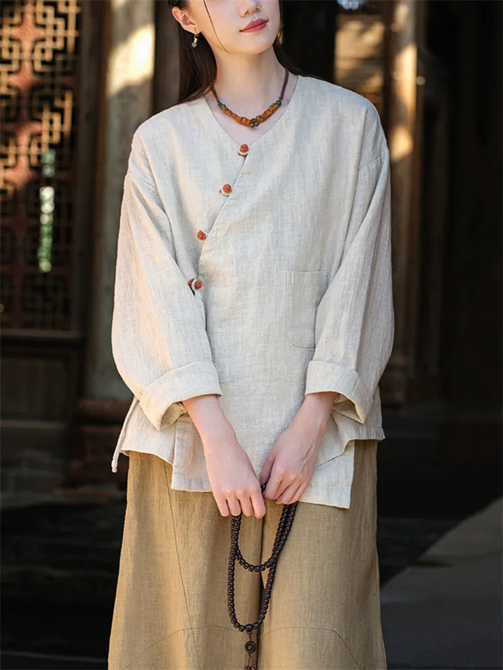 Spring V Neck Long Sleeve Soft Linen Shirt for Women