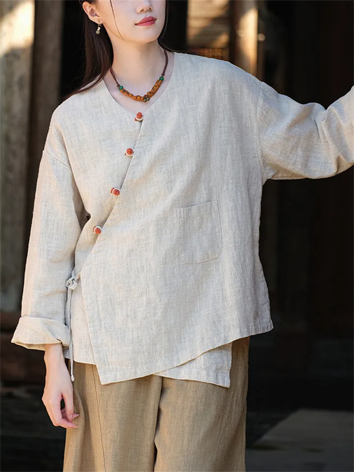 Spring V Neck Long Sleeve Soft Linen Shirt for Women