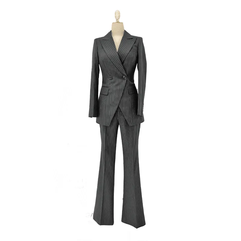 Striped Women Pant Suit - Grey Double Breasted Trouser Suit