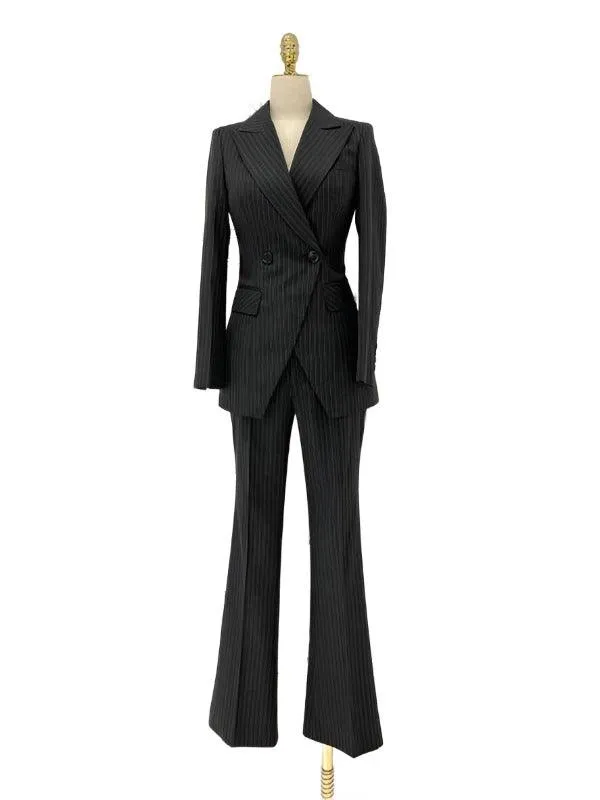 Striped Women Pant Suit - Grey Double Breasted Trouser Suit