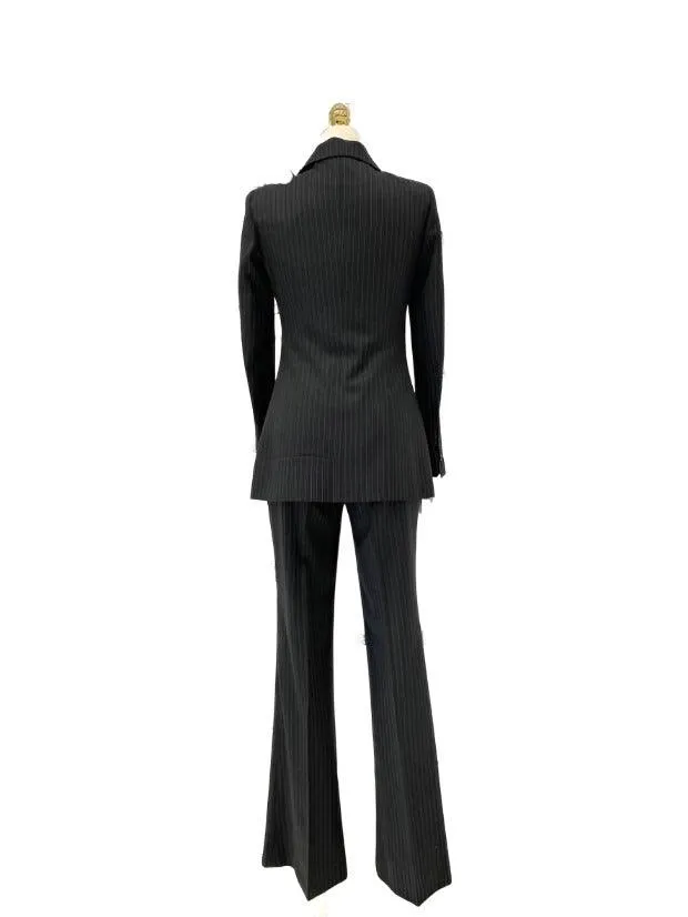 Striped Women Pant Suit - Grey Double Breasted Trouser Suit