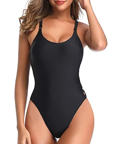 Stylish Front Low Neckline One Piece Slimming Swimsuits For Women-Black