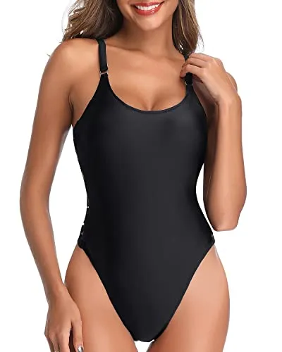 Stylish Front Low Neckline One Piece Slimming Swimsuits For Women-Black