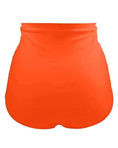 Stylish High Waisted Tankini Briefs Tummy Control Ruched Swim Shorts-Neon Orange