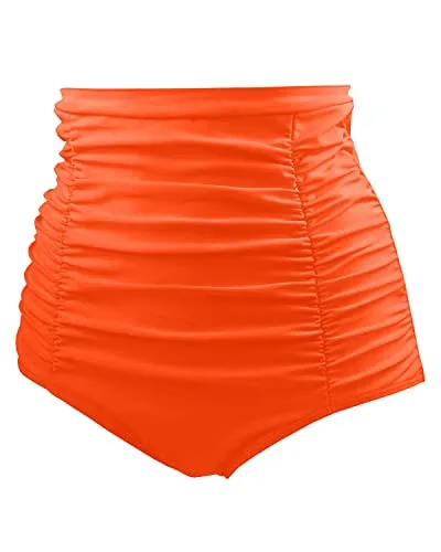 Stylish High Waisted Tankini Briefs Tummy Control Ruched Swim Shorts-Neon Orange