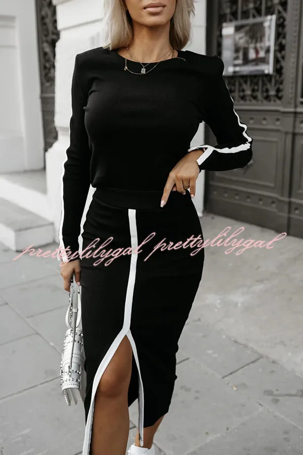 Stylish Paneled Long Sleeve Crew Neck Top and Elastic Waist Slit Midi Skirt Set