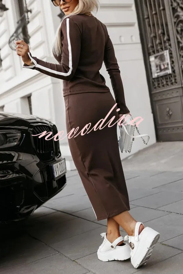 Stylish Paneled Long Sleeve Crew Neck Top and Elastic Waist Slit Midi Skirt Set