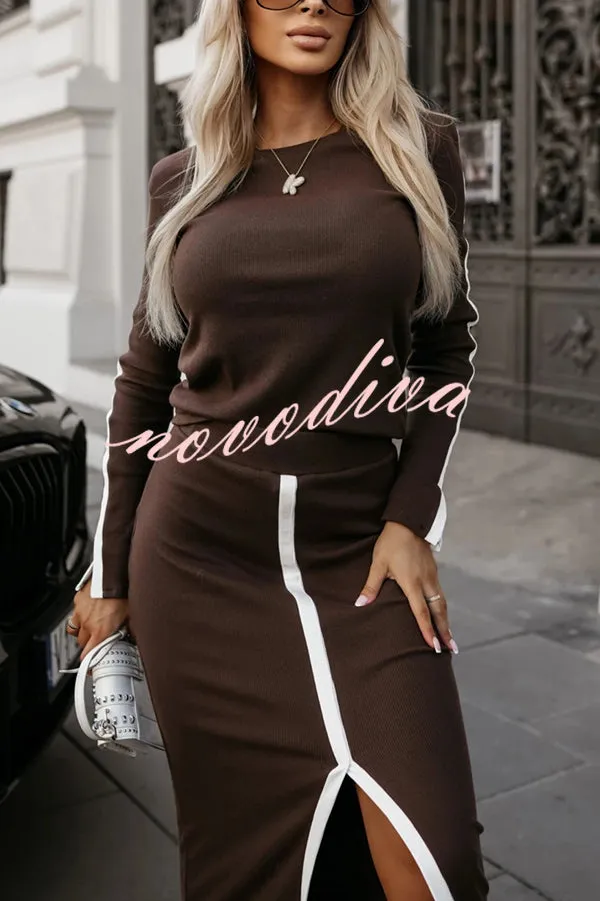 Stylish Paneled Long Sleeve Crew Neck Top and Elastic Waist Slit Midi Skirt Set