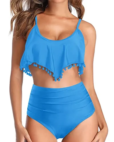 Stylish Pom Pom Trim Bikini Ruffle Flounce High Waisted Bikini for Women's Two Piece