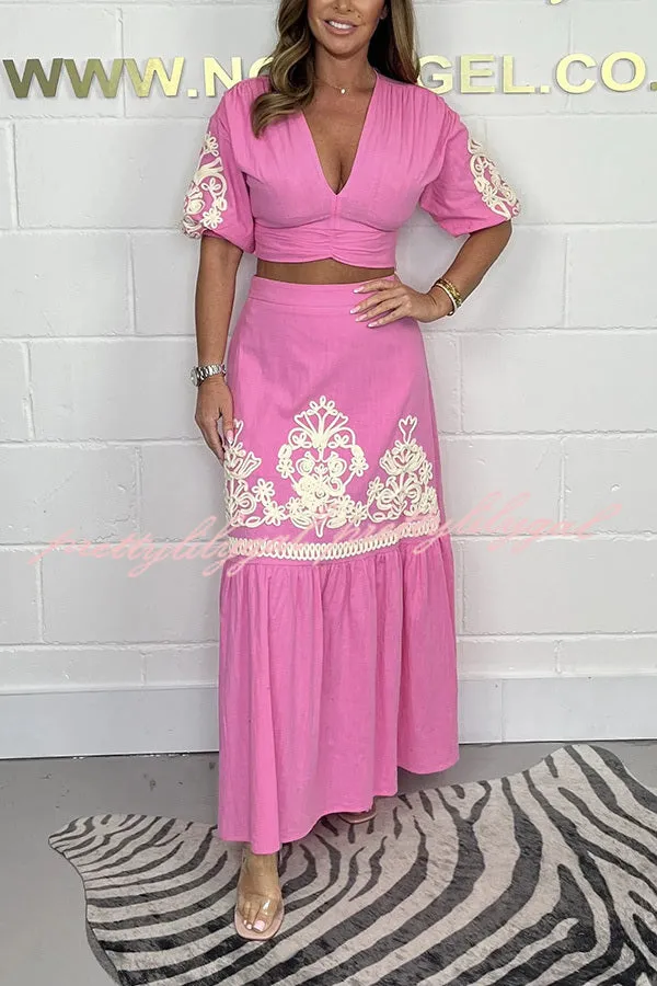 Stylish V-neck Puff-sleeved Crop Top and Elastic Waist Paneled Maxi Skirt Set