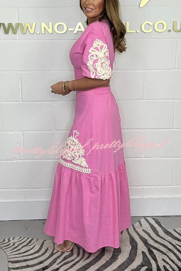 Stylish V-neck Puff-sleeved Crop Top and Elastic Waist Paneled Maxi Skirt Set