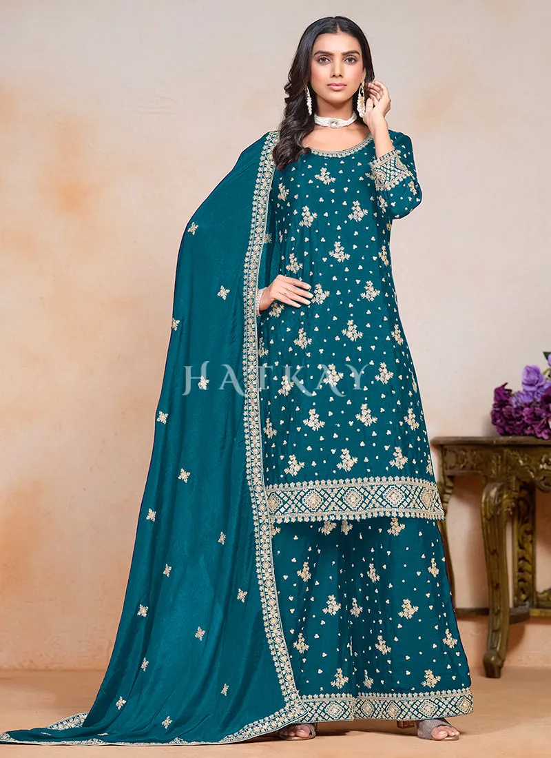 Turquoise Embroidered Palazzo Style Suit