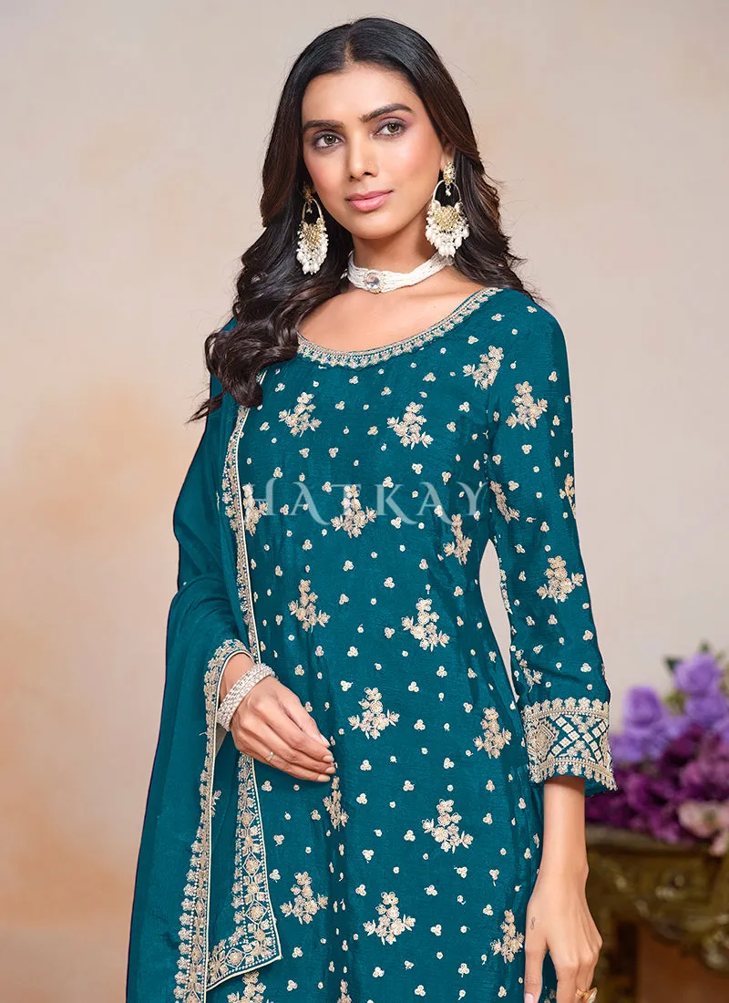 Turquoise Embroidered Palazzo Style Suit