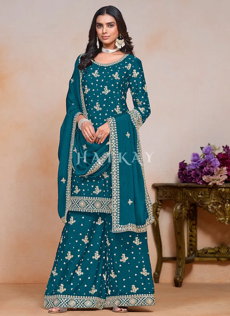 Turquoise Embroidered Palazzo Style Suit