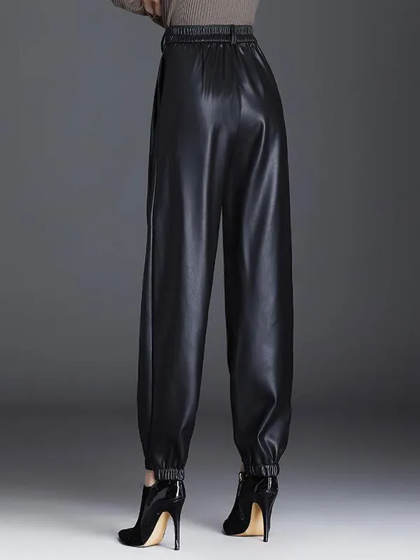 Warm Lightweight Fleece High-waisted Harem Leather Pants