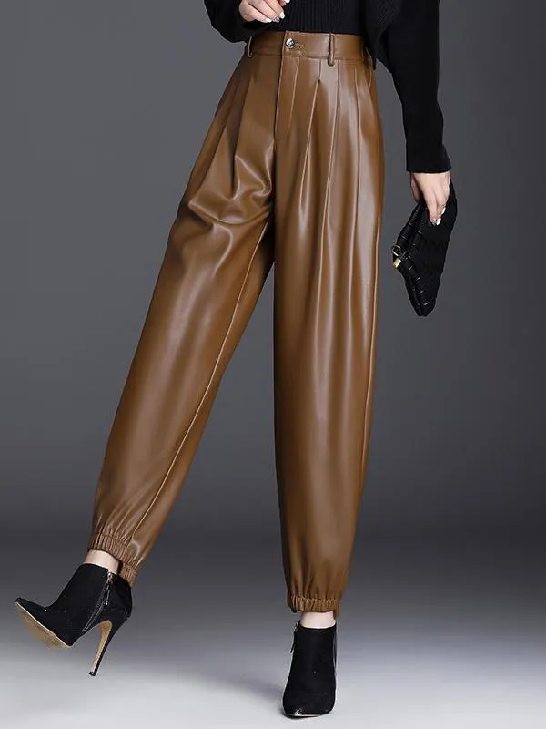 Warm Lightweight Fleece High-waisted Harem Leather Pants