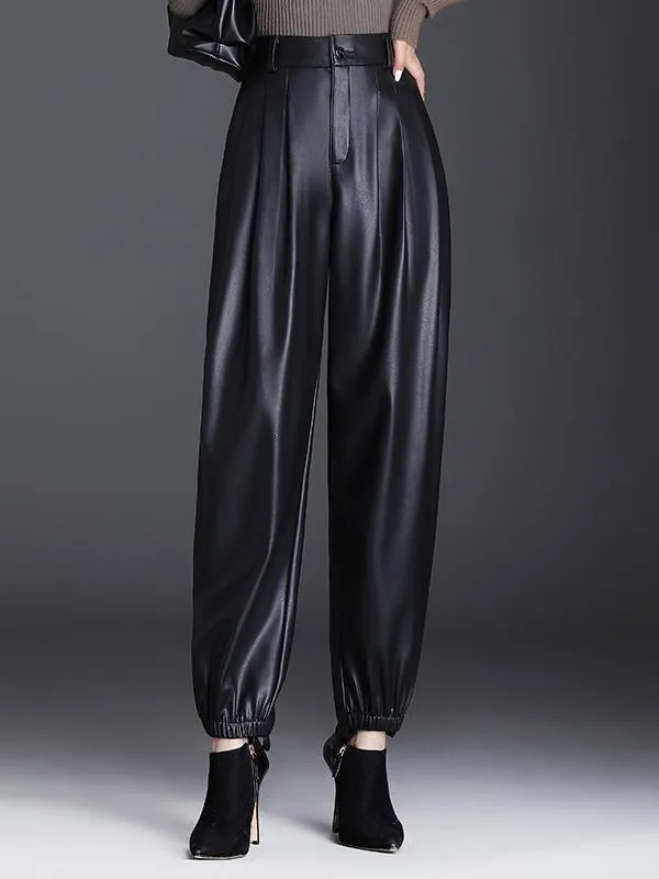 Warm Lightweight Fleece High-waisted Harem Leather Pants