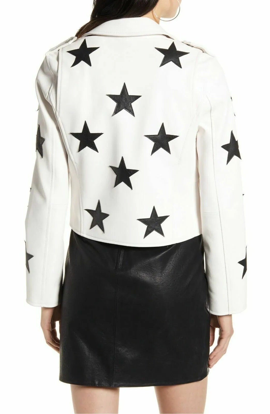 White Lambskin Leather Jacket with Black Stars