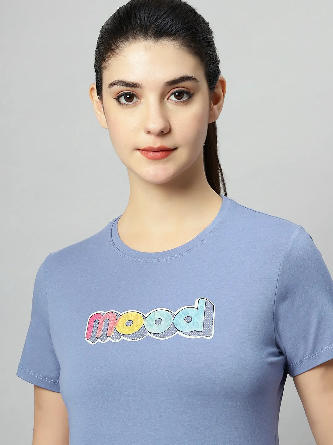 WOMEN BLUE COLORFUL MOOD PRINT SOFT COTTON T-SHIRT