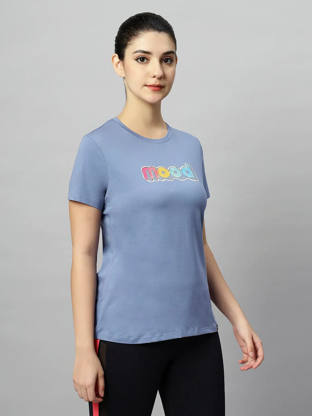 WOMEN BLUE COLORFUL MOOD PRINT SOFT COTTON T-SHIRT