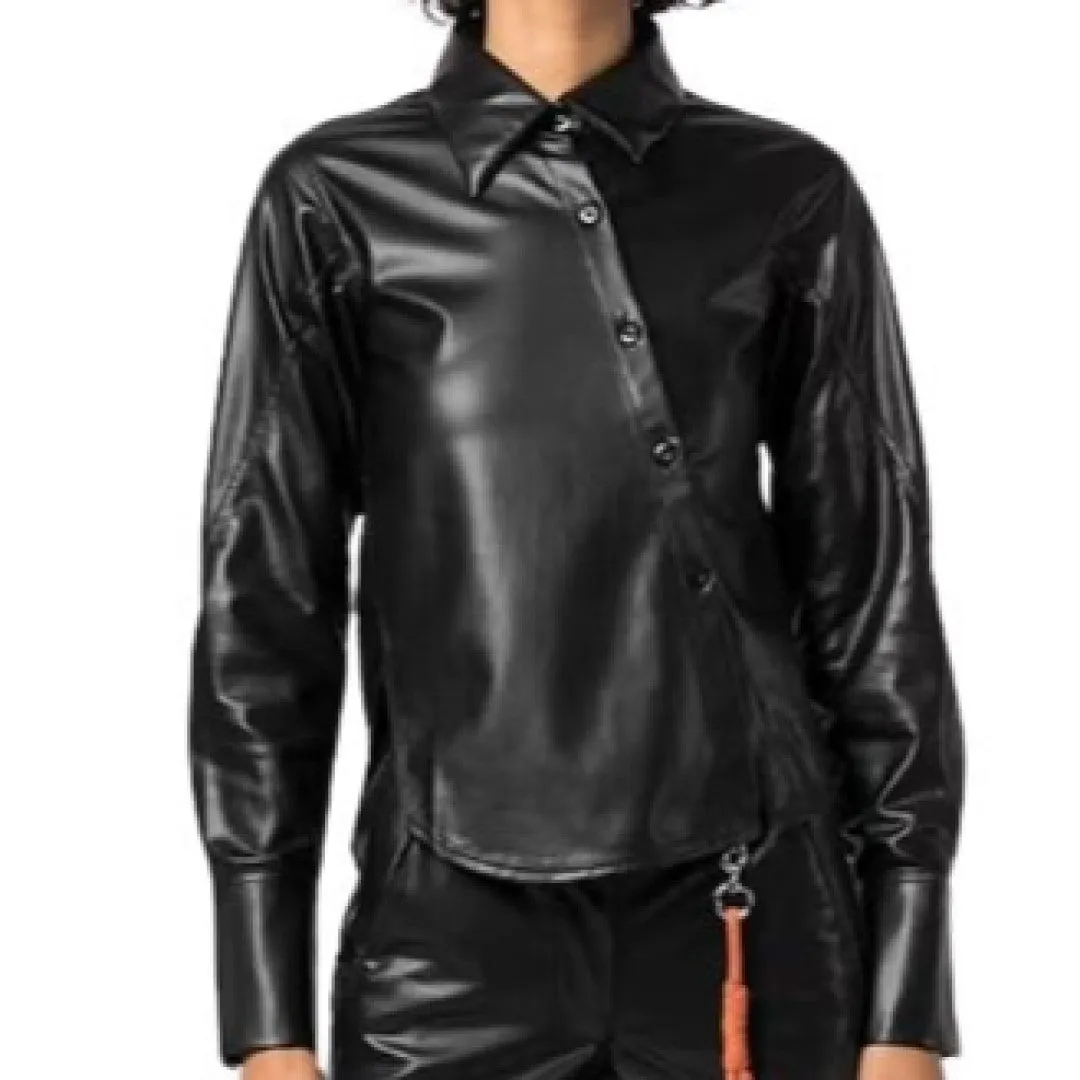 Women's Soft Lambskin Leather Asymmetric Buttoned Shirt For Girls